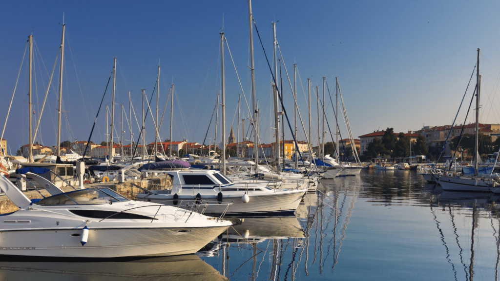 A variety of pleasure craft boats moored in a marina
