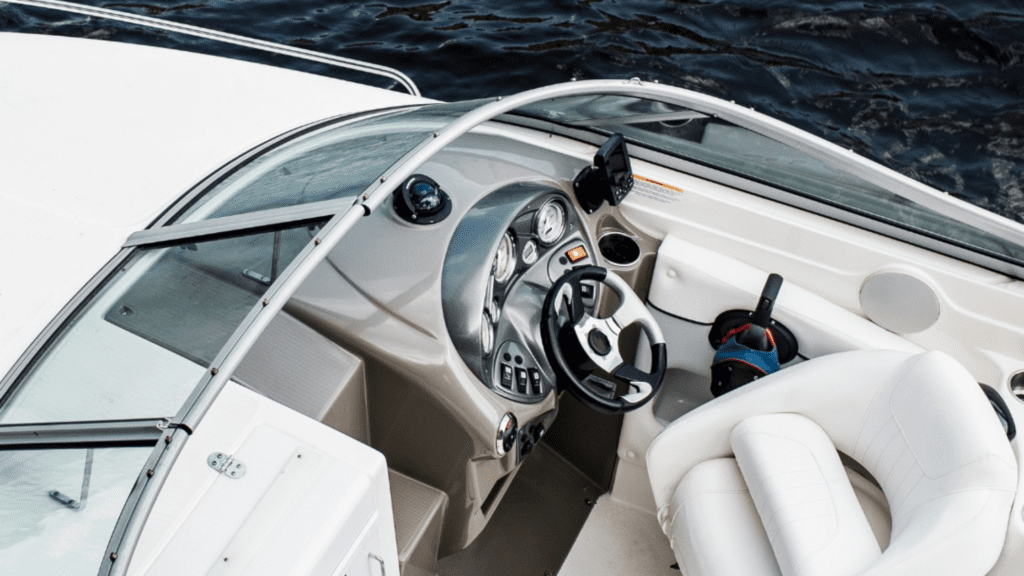 Up close of the helm of a motor yacht