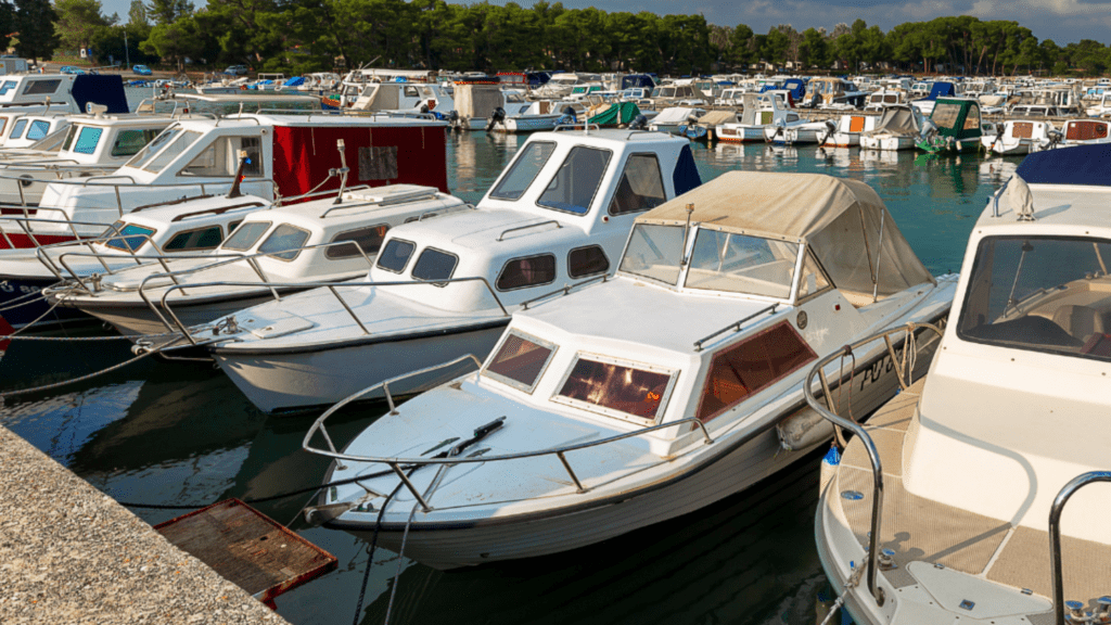 variety of house boats and cabin cruisers moored in a marina