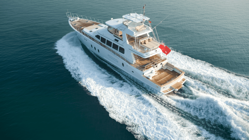 Large white motored yacht cruising through open water
