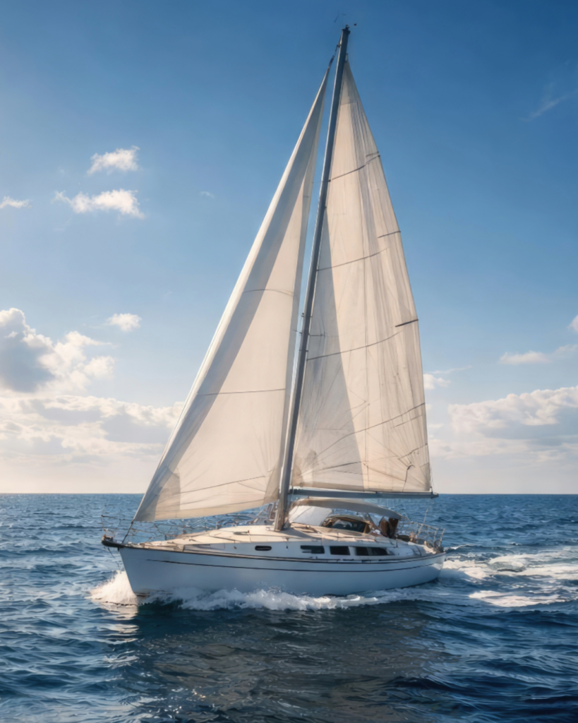 White yacht with sails up cruising on open water